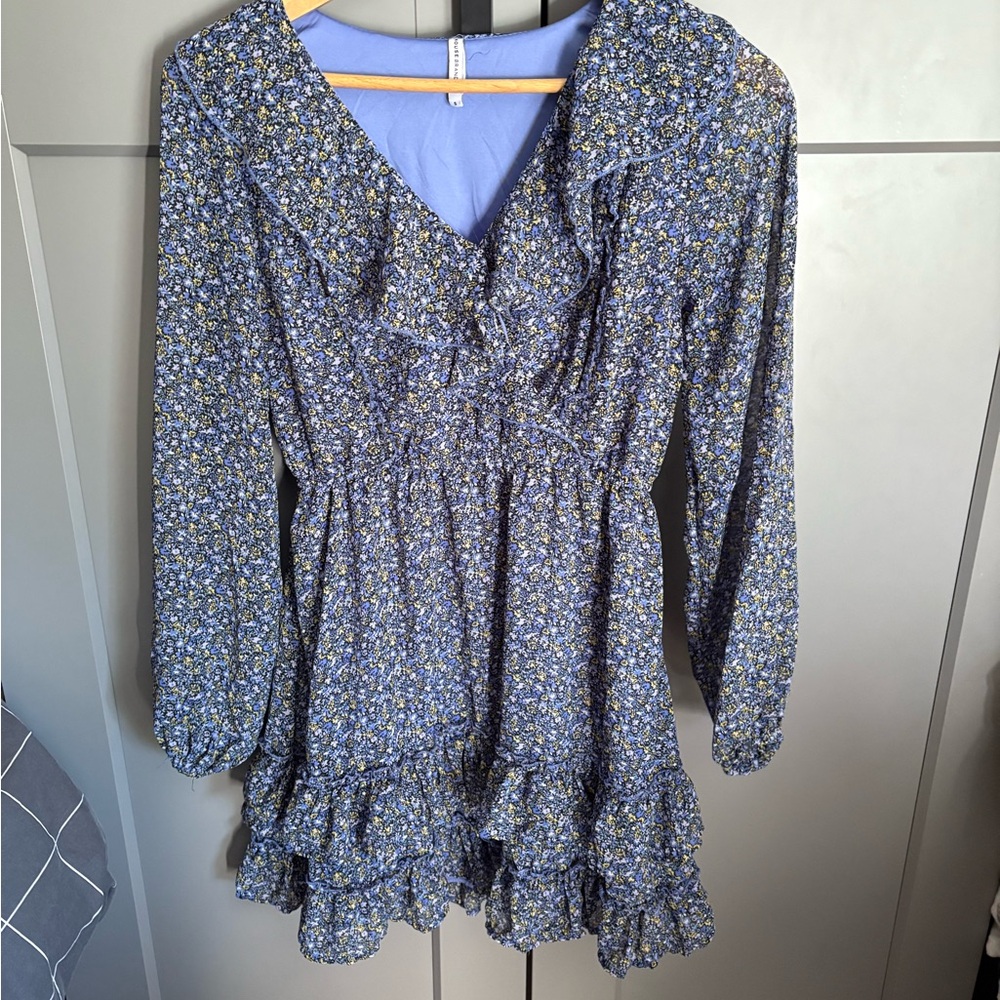 Elegant Blue Floral Long Sleeve Dress